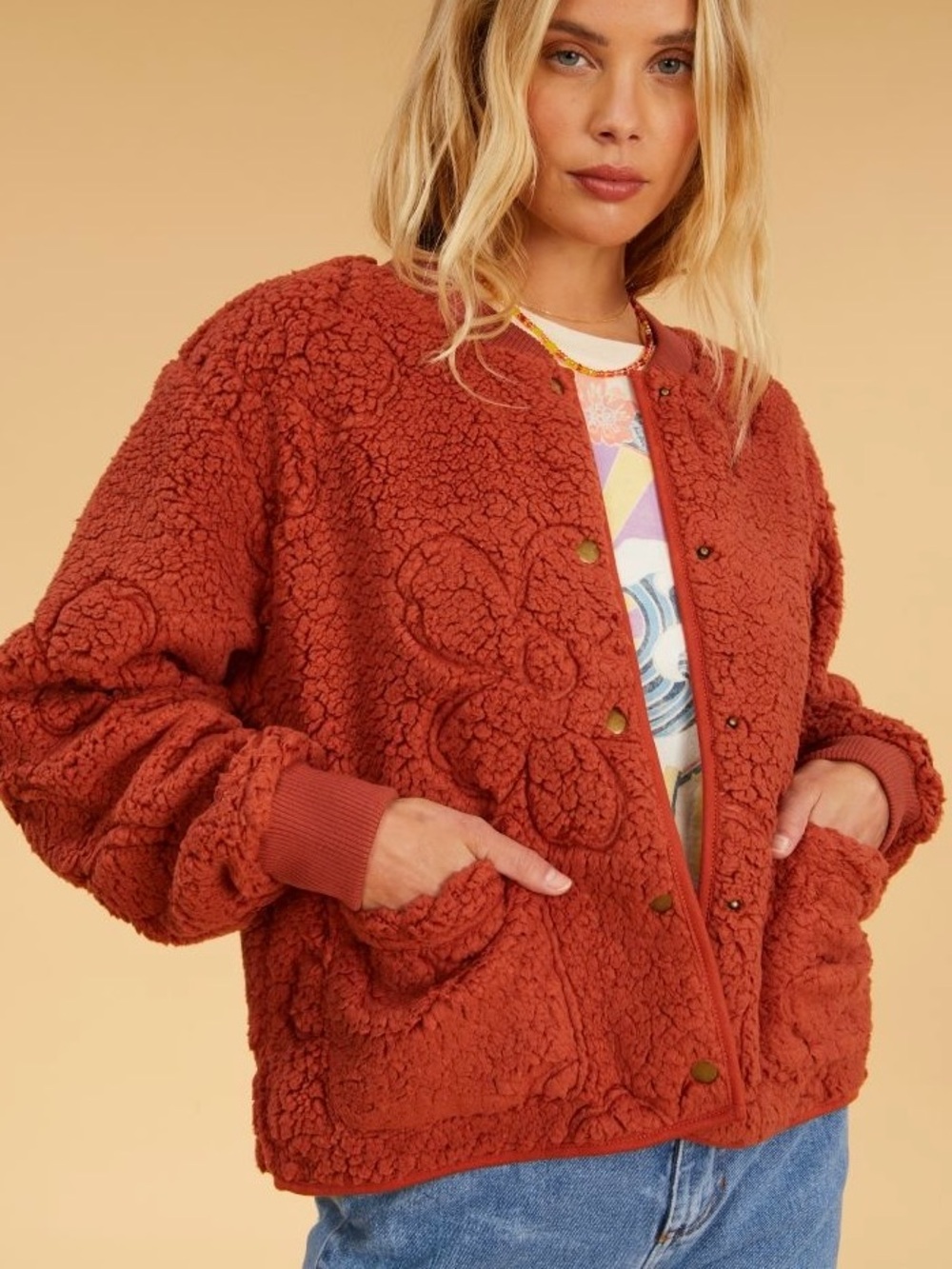Billabong X The Salty Blonde Cozy Shore bomber jacket - size Medium - orange